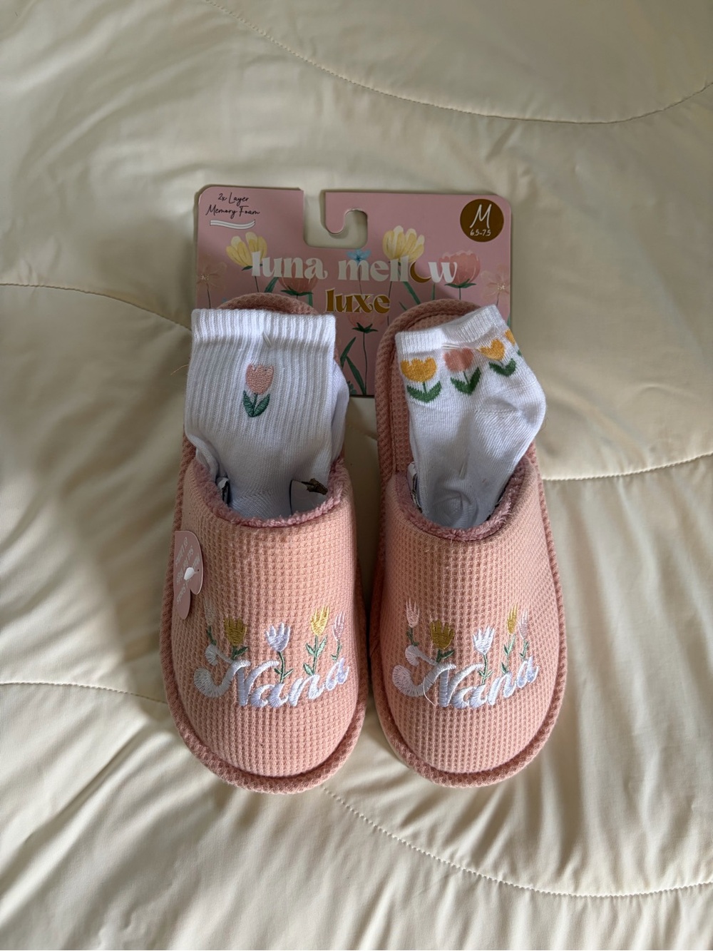 NWT “Nana” Embroidered Slippers with Socks